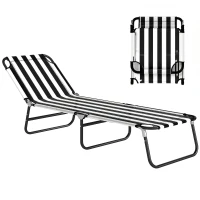 Outsunny Portable Folding Adjustable Sun Beach Lounger / Camping Cot - Black and White(m-11)