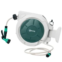 Outsunny 1/2 in x 65ft Wall Mounted Garden Hose Reel, Retractable Water Hose Reel with Auto Rewind, Any Length Lock, Green(m-2)