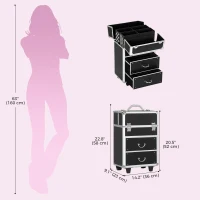 HOMCOM Aluminum Rolling Makeup Train Case, Portable Professional Cosmetic Makeup Case, Lockable Traveling Cart Trunk with Folding Trays, Swivel Wheels and Keys, Black(m-3)