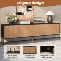 Modern TV Cabinet with Spacious Fully Enclosed Media Storage, Handle-Free 4-Door TV Stand with Slim Metal Legs, 70.5'' L x 14'' W x 21'' H, Black(m-6)