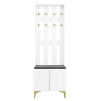 Coat Rack and Shoe Bench Set with Cushioned Seat and Adjustable Shelves, Entry Storage Unit with Wave-Panel Doors, 21.5'' L x 14'' W x 68.5'' H, White(m-2)