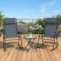 Outsunny 3pc Patio Rocking Chair Set, Folding Outdoor Rocking Chairs and Table Bistro Set w/ Breathable Mesh Seat & Backrest, Headrest for Park, Backyard, Garden, Grey(m-8)