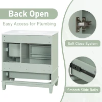 Stylish Bathroom Vanity with Easy-Clean Ceramic Sink, Ideal Cabinet for Modern Bathrooms, 30" L x 18.5" W x 33.5" H, Light Green(m-9)