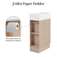 Practical Bathroom Vanity with 2-Tier Shelves and Toilet Paper Holder, Compact Cabinet for Small Bathrooms, 18.5" L x 10.5" W x 33" H, Natural Wood(m-4)