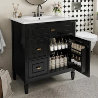 Spacious Vanity with Tip-Out Top Drawer and 2 Left-Side Drawers, Ideal Cabinet for Small-To-Medium Bathrooms, 30" L x 18.5" W x 33.5" H, Black(m-10)