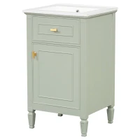 Functional Bathroom Vanity with Ceramic Sink and Tip-Out Top Drawer, Perfect Cabinet for Compact Bathrooms, 20" L x 18.5" W x 33.5" H, Green(m-14)