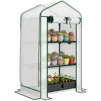 Outsunny Mini Greenhouse with Screen Roof, Portable Small Greenhouse with Roll-Up Zipper Door, 27.6" x 19.7" x 50", White(m-9)