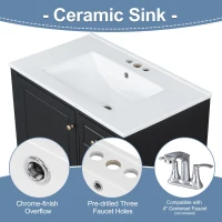 Stylish Bathroom Vanity with Easy-Clean Ceramic Sink and 3 Pre-Drilled Holes, Ideal Cabinet for Modern Bathrooms, 30" L x 18.5" W x 33.5" H, Black(m-8)