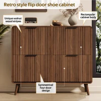 Modern Shoe Cabinet with Solid Tapered Wood Legs, Walnut Shoe Organizer with Double-Tier Storage, 41.5'' L x 9.5'' W x 36'' H, Walnut(m-4)