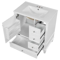 Stylish Bathroom Vanity with Easy-Clean Ceramic Sink and 3 Pre-Drilled Holes, Ideal Cabinet for Modern Bathrooms, 30" L x 18.5" W x 33.5" H, White(m-14)
