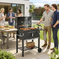 Outsunny Charcoal BBQ Grill and Smoker Combo Outdoor Portable Trolley Camping Picnic Backyard with Side Shelf, Black(m-10)