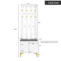 Coat Rack and Shoe Bench Set with Cushioned Seat and Adjustable Shelves, Entry Storage Unit with Wave-Panel Doors, 21.5'' L x 14'' W x 68.5'' H, White(m-3)