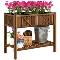 Outsunny Wooden Raised Garden Bed, Elevated Planter Box with Storage Shelf, Drainage Holes and Liner, 34"x18"x30", Carbonized(m-9)