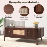 Rattan Coffee Table with Woven Drawers and Unique Sliding Cabinet Doors, Sliding Door Center table with Slatted Base, 43.5'' L x 21.5'' W x 15'' H, Wood(m-4)