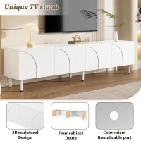 Low-Profile TV Cabinet with 4 Doors and 2 Internal Storage Compartments, Modern TV Stand with PB and MDF Construction, 71'' L x 14'' W x 19.5'' H, White(m-5)