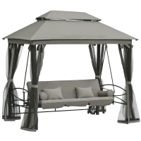 Outsunny 3 Person Outdoor Patio Daybed, 3 in 1 Canopy Gazebo Swing Chair Garden Hammock with Sun Shade, Mesh Mosquito and Net, Dark Grey(m-2)