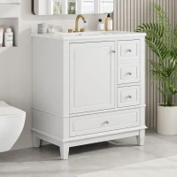 Stylish Bathroom Vanity with Easy-Clean Ceramic Sink and 3 Pre-Drilled Holes, Ideal Cabinet for Modern Bathrooms, 30" L x 18.5" W x 33.5" H, White(m-1)