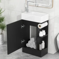 Practical Bathroom Vanity with 2-Tier Storage Shelves and Toilet Paper Holder, Compact Cabinet for Small Bathrooms, 18.5" L x 10.5" W x 33" H, Black(m-8)