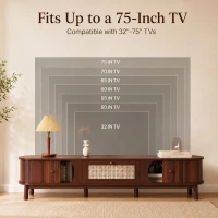 Rattan TV Cabinet with MDF Body and Solid Wood Legs, Bamboo Slat TV Stand with Sliding Door, 67'' L x 15.5'' W x 15'' H, Wood(m-6)