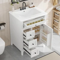 Sleek Bathroom Vanity with Tip-Out Top Drawer and 3 Pull-Out Drawers, Stylish Cabinet with Freestanding Design, 24" L x 18.5" W x 34" H, White(m-9)