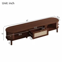 Rattan TV Cabinet with MDF Body and Solid Wood Legs, Bamboo Slat TV Stand with Sliding Door, 67'' L x 15.5'' W x 15'' H, Wood(m-3)