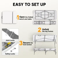 Outsunny 6FT 3 PCS Portable Camping Table and Chairs, Folding Picnic Table Bench Set with Carrying Handles for BBQ, Party, White(m-4)