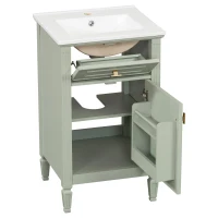 Functional Bathroom Vanity with Ceramic Sink and Tip-Out Top Drawer, Perfect Cabinet for Compact Bathrooms, 20" L x 18.5" W x 33.5" H, Green(m-15)