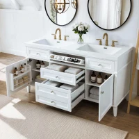 Modern Bathroom Vanity Cabinet with Soft-Close Hinges, Soft Close Storage Vanity with Adjustable Shelves, 59'' L x 19.5'' W x 34'' H, White(m-10)