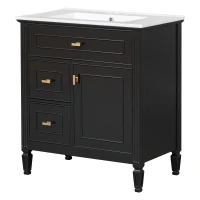 Spacious Vanity with Tip-Out Top Drawer and 2 Left-Side Drawers, Ideal Cabinet for Small-To-Medium Bathrooms, 30" L x 18.5" W x 33.5" H, Black(m-14)