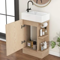 Practical Bathroom Vanity with 2-Tier Shelves and Toilet Paper Holder, Compact Cabinet for Small Bathrooms, 18.5" L x 10.5" W x 33" H, Natural Wood(m-8)