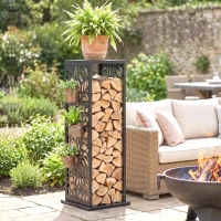 Outsunny 15 Inch Firewood Rack Outdoor Indoor, Cutout Galvanized Steel Firewood Holder with Hooks, Adjustable Pads, Black(m-2)