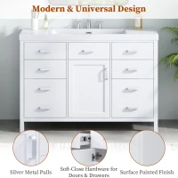 48" Bathroom Vanity with 2" Integrated Resin Sink, Multi- Drawer Vanity Cabinet with Removable Dividers and Door Racks, 47'' L x 19.5'' W x 33.5'' H, White(m-6)