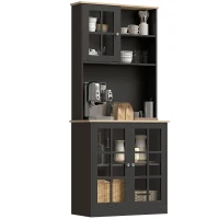 HOMCOM Kitchen Buffet with Hutch, Storage Pantry with 3 Cabinets, 2 Open Shelves and Large Countertop, Black(m-7)