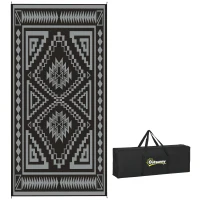 Outsunny Reversible Outdoor Rug, Waterproof Plastic Straw with Carry Bag, 9' x 18', Black & Gray Square Patchwork(m-11)