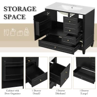 Spacious Bathroom Vanity with 3 Drawers and One-Door Cabinet, Freestanding Cabinet for Small Bathrooms, 36" L x 18.5" W x 33.5" H, Black(m-5)