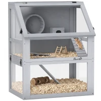 PawHut 3 Tier Wooden Hamster Cage w/ Detachable Bottom, Hut, Seesaw, Exercise Wheel, Ramps, 24" x 16" x 29.5"(m-11)