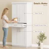 HOMCOM Modern Kitchen Pantry Freestanding Cabinet Cupboard with Doors and Drawer, Adjustable Shelving, White(m-7)