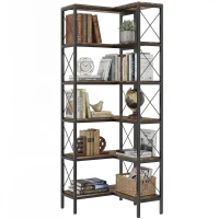 HOMCOM 5-Tier L-Shaped Bookshelf, Freestanding Bookcase with Metal Frame, Rustic Brown(m-1)