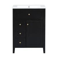 Sleek Bathroom Vanity with Tip-Out Top Drawer and 3 Pull-Out Drawers, Stylish Cabinet with Freestanding Design, 24" L x 18.5" W x 34" H, Black(m-2)