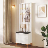 Coat Rack and Shoe Bench Set with Cushioned Seat and Adjustable Shelves, Entry Storage Unit with Wave-Panel Doors, 21.5'' L x 14'' W x 68.5'' H, White(m-1)