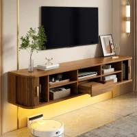 Wall-Mount Floating TV Cabinet with Built-In Cable Management, Sleek Modern Wooden Media Console with Open Shelves, 69'' L x 12'' W x 12'' H, Walnut(m-8)