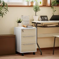 HOMCOM 3 Drawer File Cabinet with Wheels, Vertical Filing Cabinet with Lock, Oak(m-1)