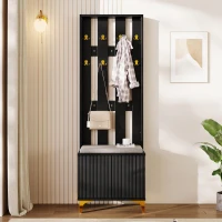 Coat Rack and Shoe Bench Set with Cushioned Seat and Adjustable Shelves, Entry Storage Unit with Wave-Panel Doors, 21.5'' L x 14'' W x 68.5'' H, Black(m-5)