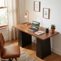 HOMCOM 63 Inch Computer Desk with Trapezoidal Frame Light Walnut and Black(m-2)
