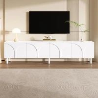 Low-Profile TV Cabinet with 4 Doors and 2 Internal Storage Compartments, Modern TV Stand with PB and MDF Construction, 71'' L x 14'' W x 19.5'' H, White(m-6)
