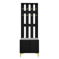 Coat Rack and Shoe Bench Set with Cushioned Seat and Adjustable Shelves, Entry Storage Unit with Wave-Panel Doors, 21.5'' L x 14'' W x 68.5'' H, Black(m-2)