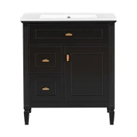 Spacious Vanity with Tip-Out Top Drawer and 2 Left-Side Drawers, Ideal Cabinet for Small-To-Medium Bathrooms, 30" L x 18.5" W x 33.5" H, Black(m-2)