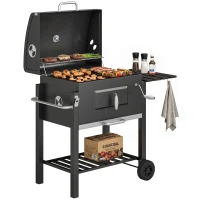 Outsunny Charcoal BBQ Grill and Smoker Combo Outdoor Portable Trolley Camping Picnic Backyard with Side Shelf, Black(m-11)