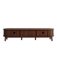 Rattan TV Cabinet with MDF Body and Solid Wood Legs, Bamboo Slat TV Stand with Sliding Door, 67'' L x 15.5'' W x 15'' H, Wood(m-13)