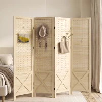HOMCOM 4.7' 4 Panel Wooden Room Divider with Pegboard Display, Folding Privacy Screen for Home Office, Natural(m-1)